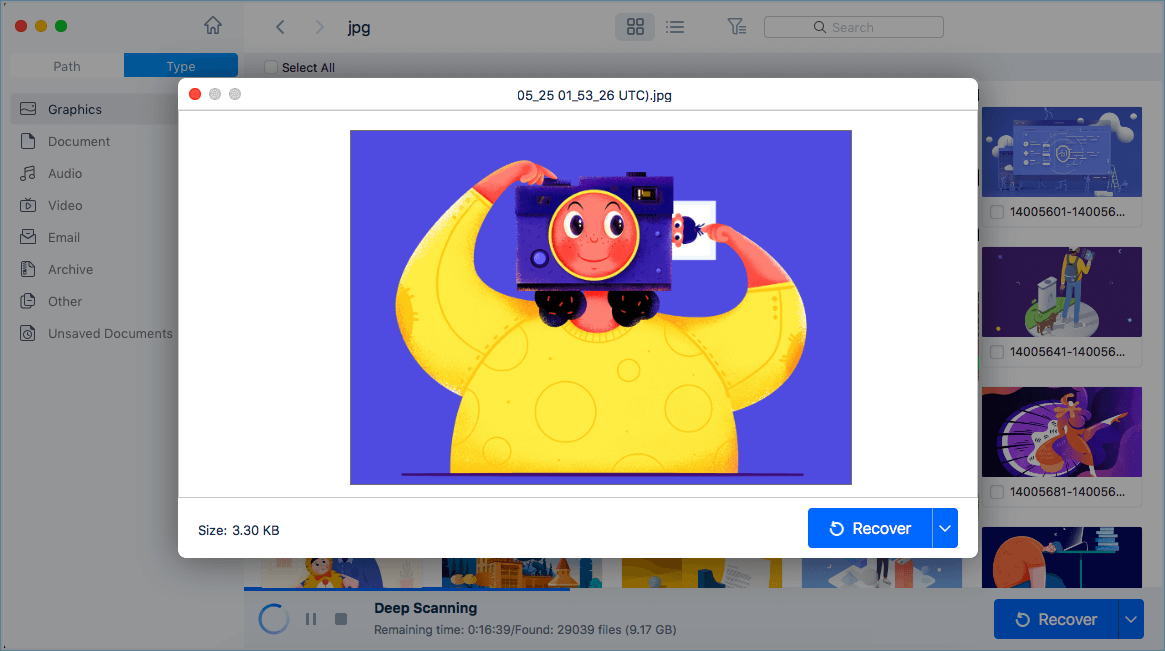 skanna den valda disken för att hitta förlorad data på din Mac