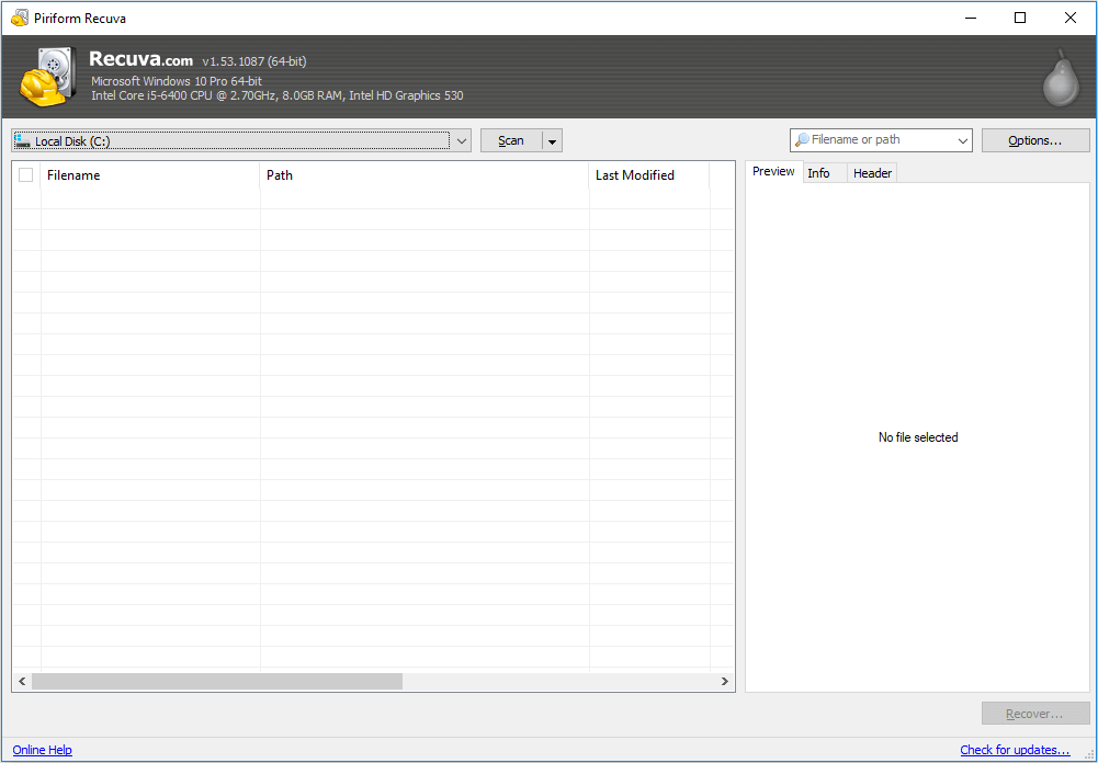 Recuva dataåterställningsprogramvara för sandisk