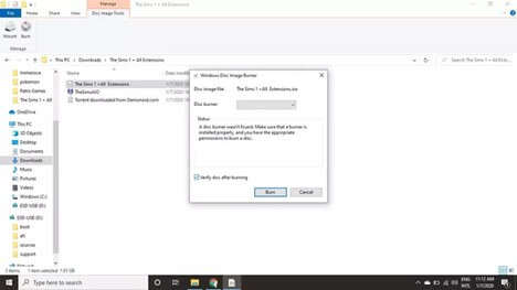 välj bränningsalternativet från meddelandet
