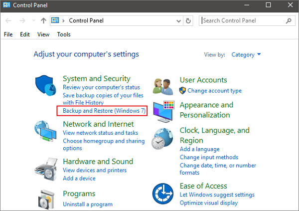 klicka på säkerhetskopiera och återställ