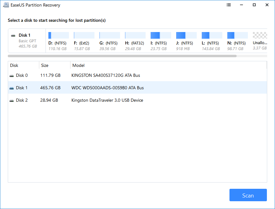 Välj disk för att skanna förlorad partition