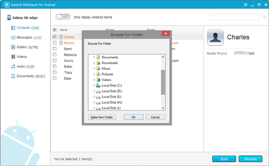 Förhandsgranska och återställ data med EaseUS onlineprogramvara för dataåterställning för Android