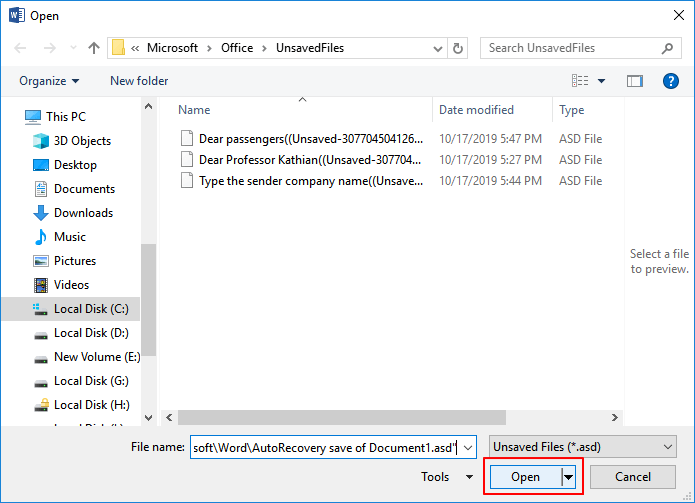 öppna den osparade wordfilen