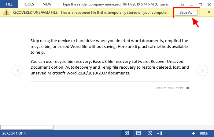 spara det osparade Word-dokumentet