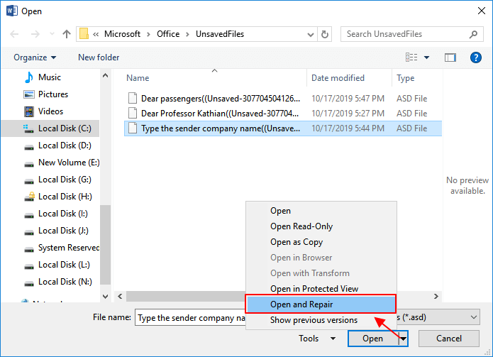 reparera ordfel för att återställa osparade Word-dokument
