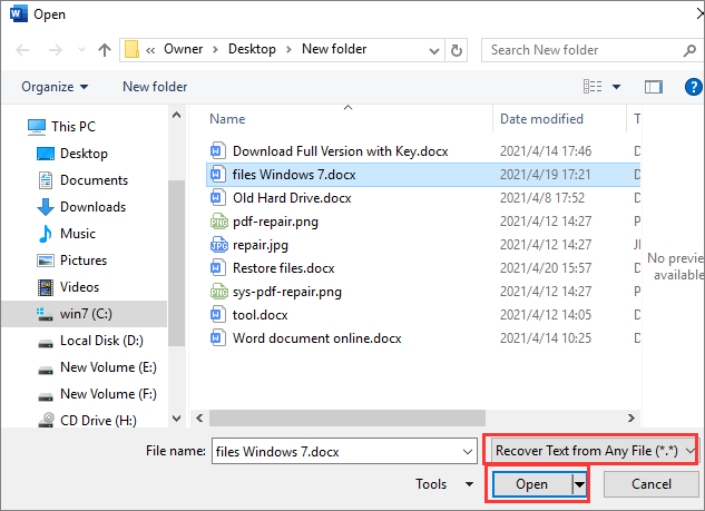 återställa text från fil