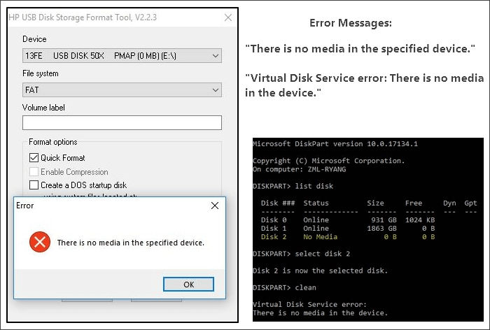 det finns inget media i enheten och det finns inget media i den angivna enheten