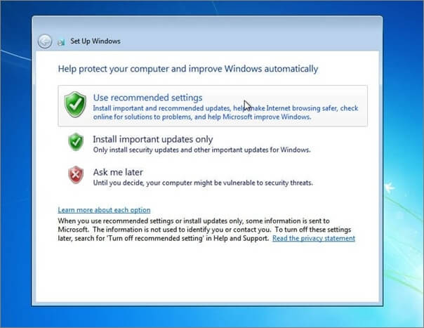 använd Windows 7 rekommenderade inställningar