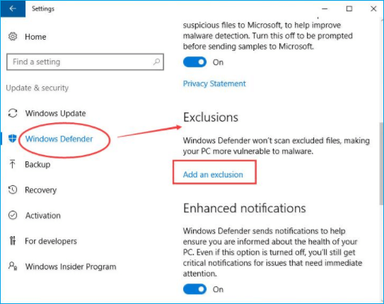 lägg till ett undantag till Windows Defender för att fixa den höga diskanvändningen