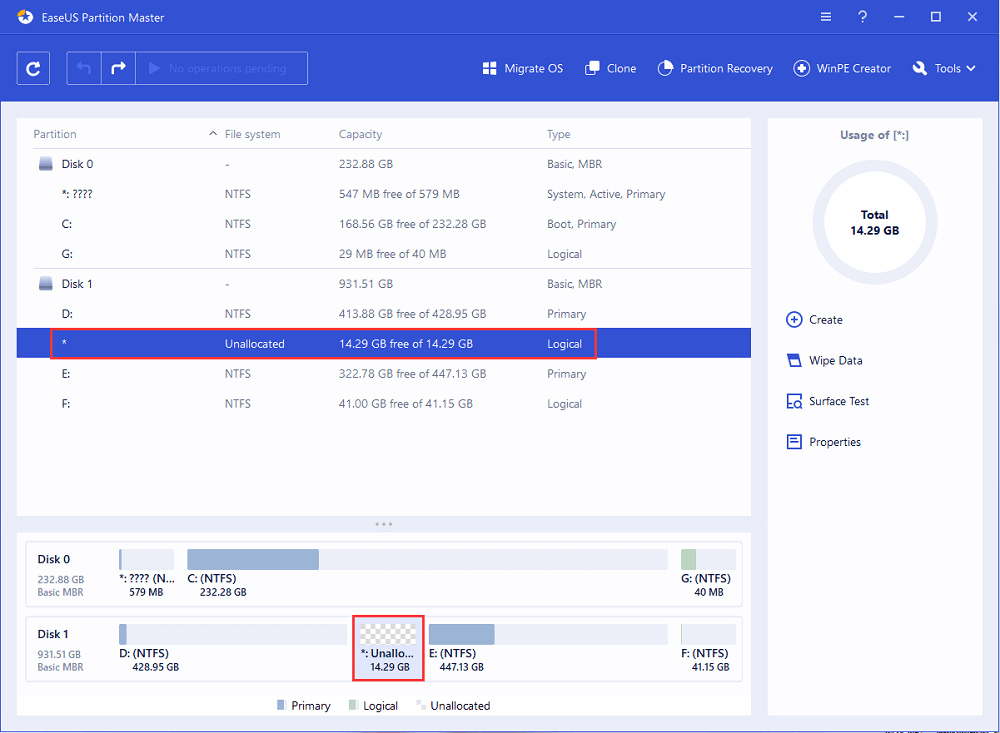 otilldelat utrymme i easeus partition master