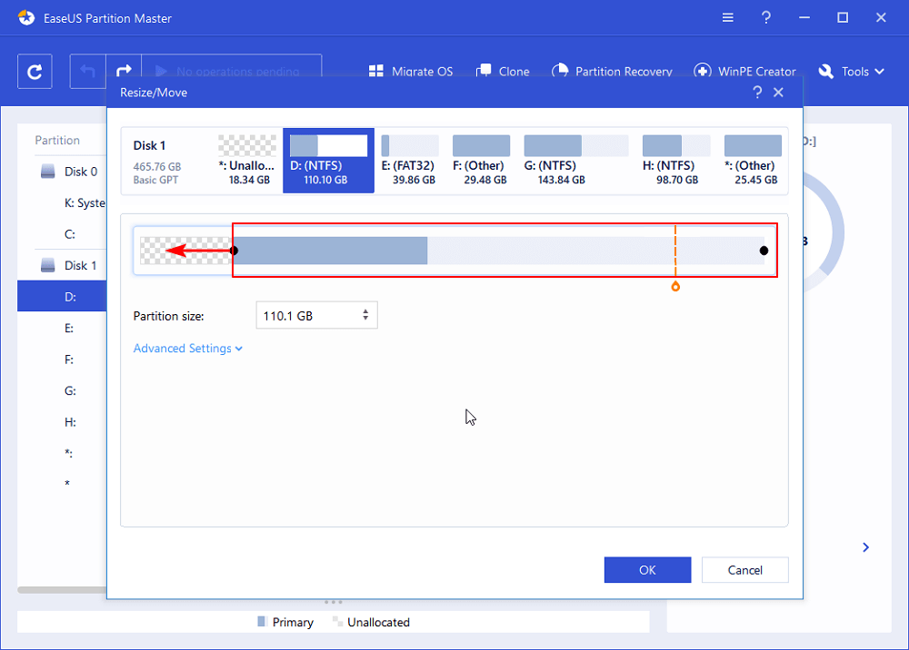 Move unallocated space to a desired position
