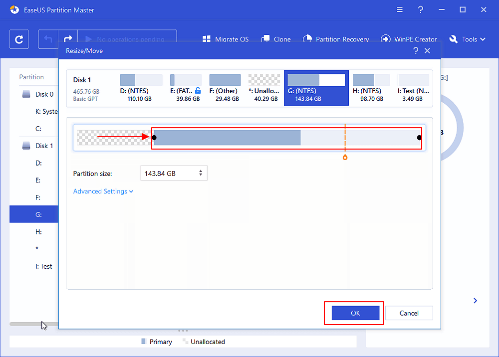 drag the mouse leftwards to resize partition